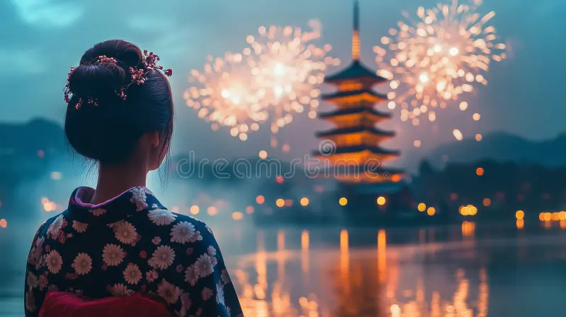 花火を背景にした着物のポートレート写真技術